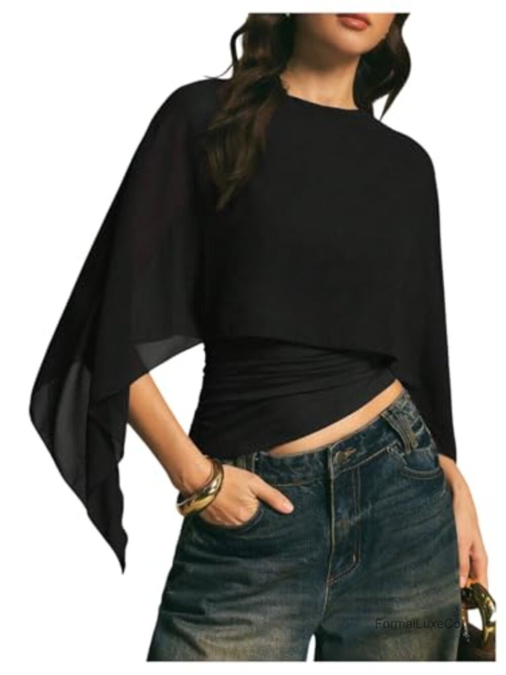 Verdusa Women's Chiffon Poncho Top Asymmetrical 3/4 Sleeve